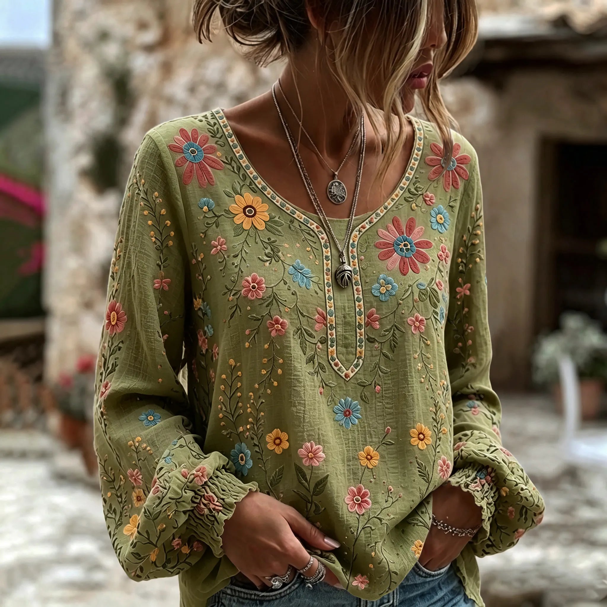 Women's Vintage Floral Art Print Flowy Linen Blend Linen Blend Long Sleeve Casual Tops