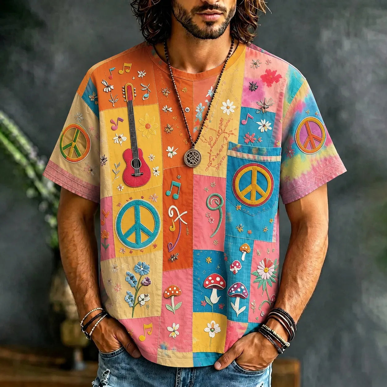 Men's Peace Sign And Guitar Hippie Patchwork Print Casual T-shirt