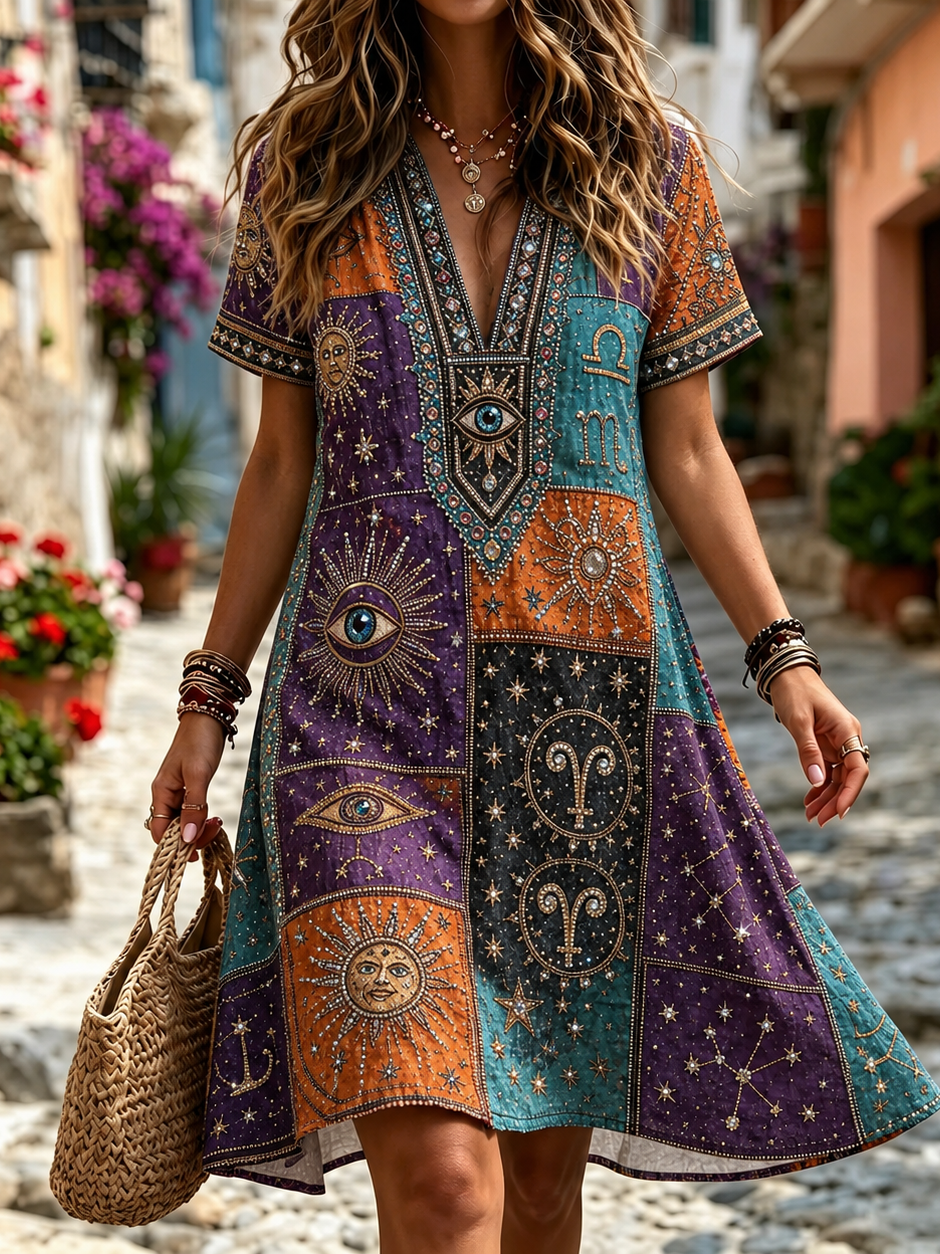Women's Colorful Hippie Patchwork Art Cotton Linen Dress