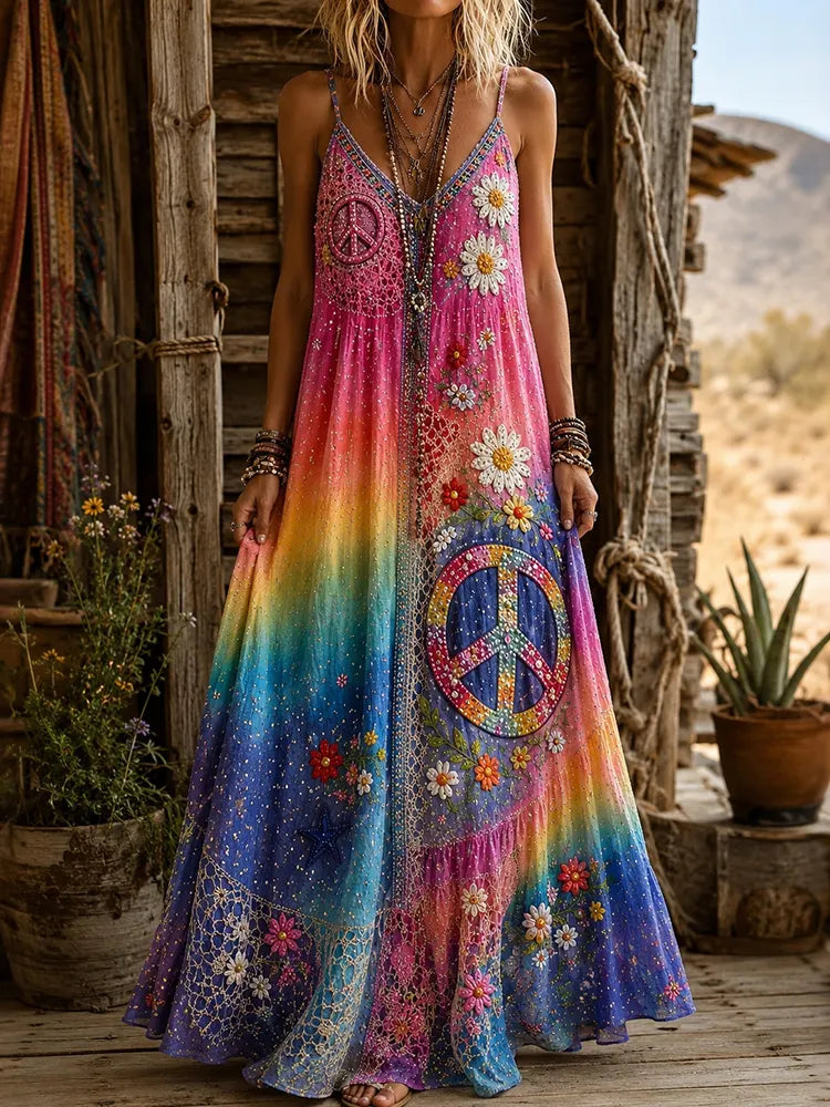 Women's Vintage Hippie Floral Gradient Pattern Casual Linen Sleeveless Dress