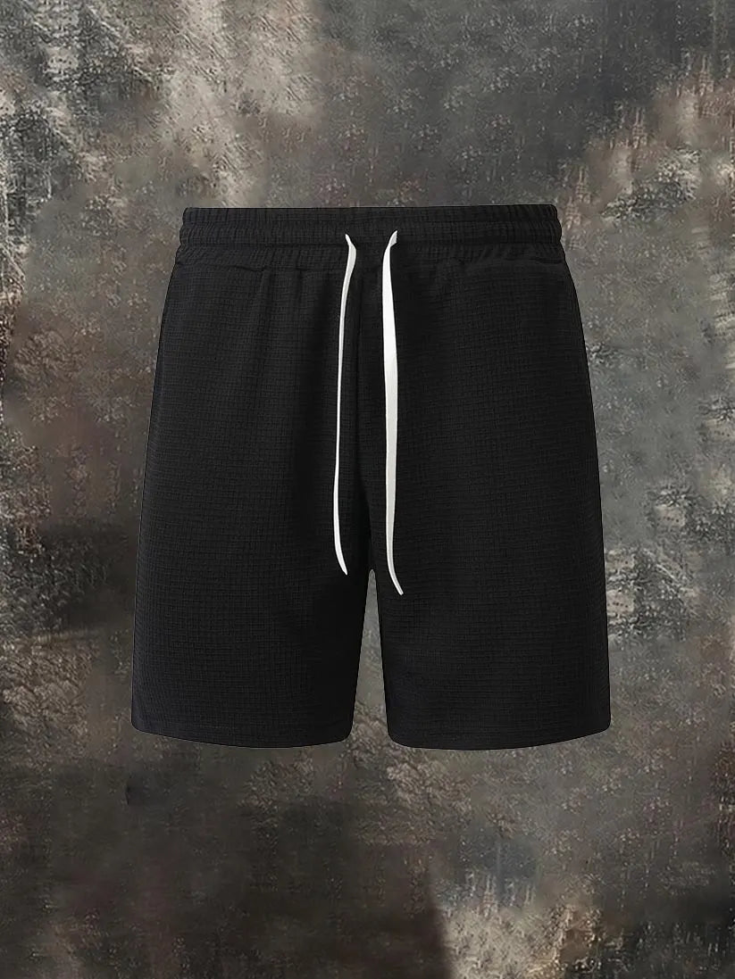 Men's Casual Solid-Color Waffle-Knit Drawstring Shorts with Pockets