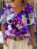 Women's Alzheimer's Awareness Floral Print Casual V-Neck Top