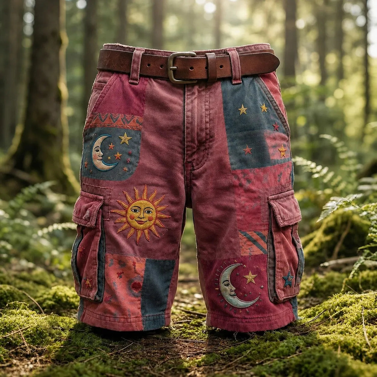 Men's Patchwork Sun Moon Star Boho Art Print Denim-like Cargo Shorts(no Belt)