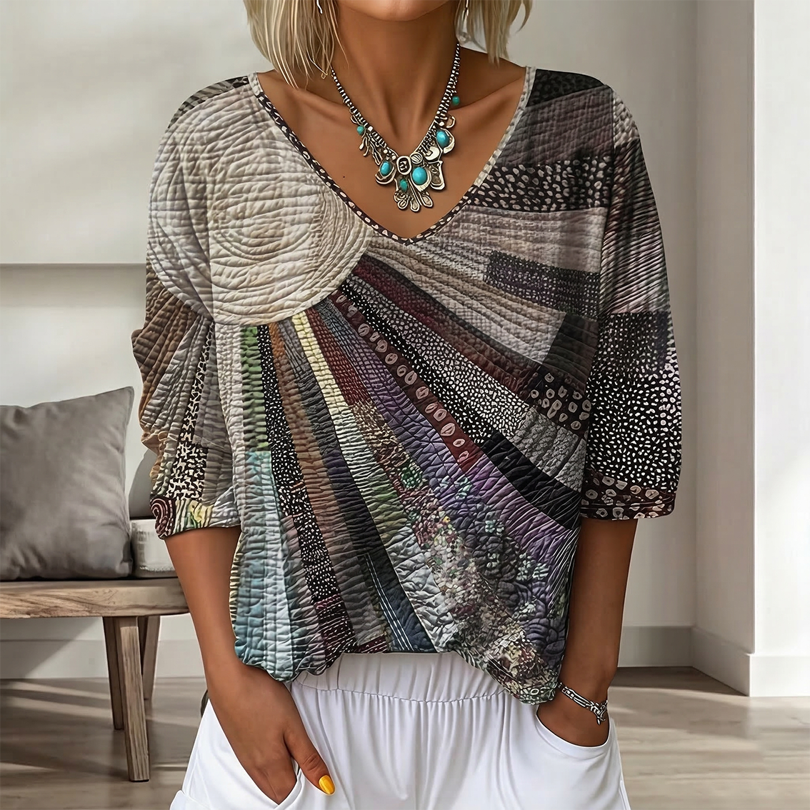 Women's Vintage Floral In Gradient Art Print Flowy Linen Blend  Three-quarter Sleeve V Neck Linen Tops