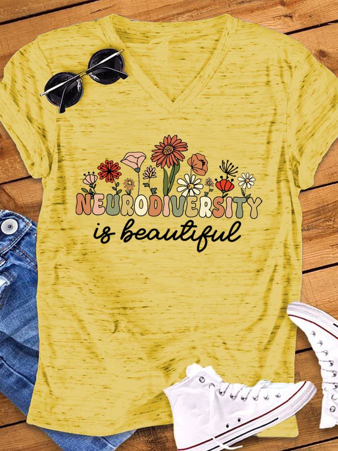 Women's Neurodiversity Is Beautiful Autism Awareness Print V-Neck T-Shirt