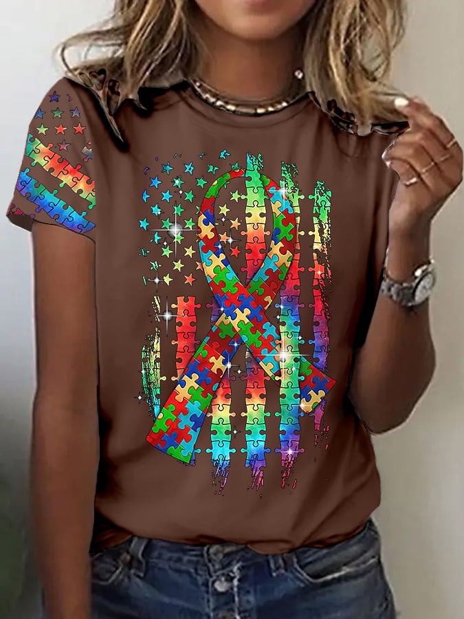 Women’s Retro Autism Awareness Colorful Puzzle Pieces Ribbon American Flag Print Short Sleeve Casual T-Shirt