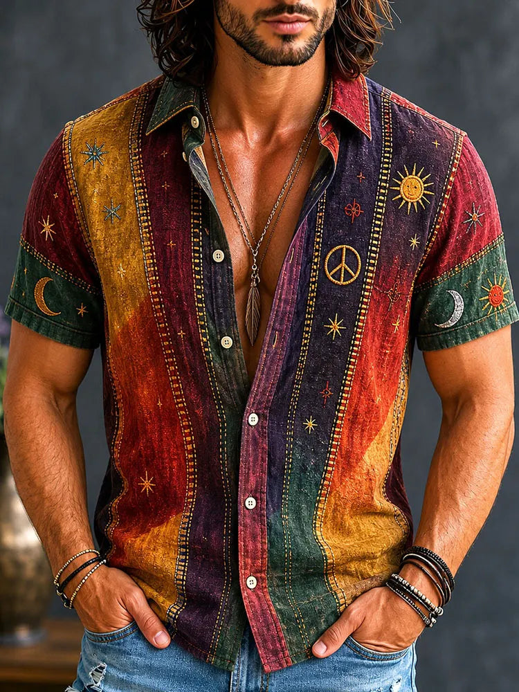 Men's Vintage Patchwork Peace Sign Sun Moon Star Art Print Cotton Linen Shirt