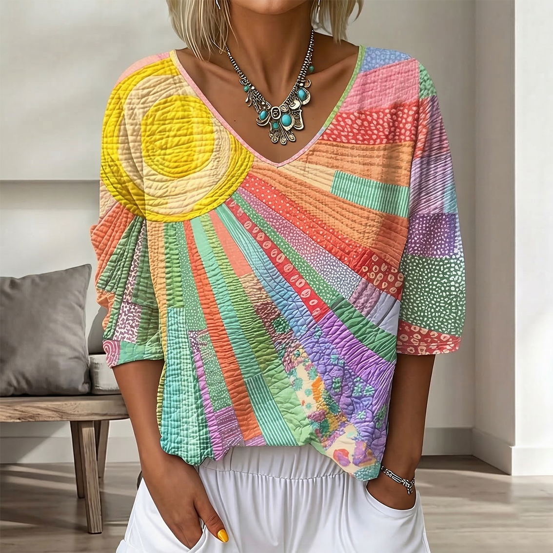 Women's Vintage Floral In Gradient Art Print Flowy Linen Blend  Three-quarter Sleeve V Neck Linen Tops
