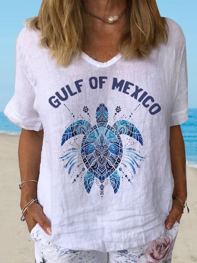 Women's Gulf Of Mexico Print Casual V-Neck Cotton and Linen Top