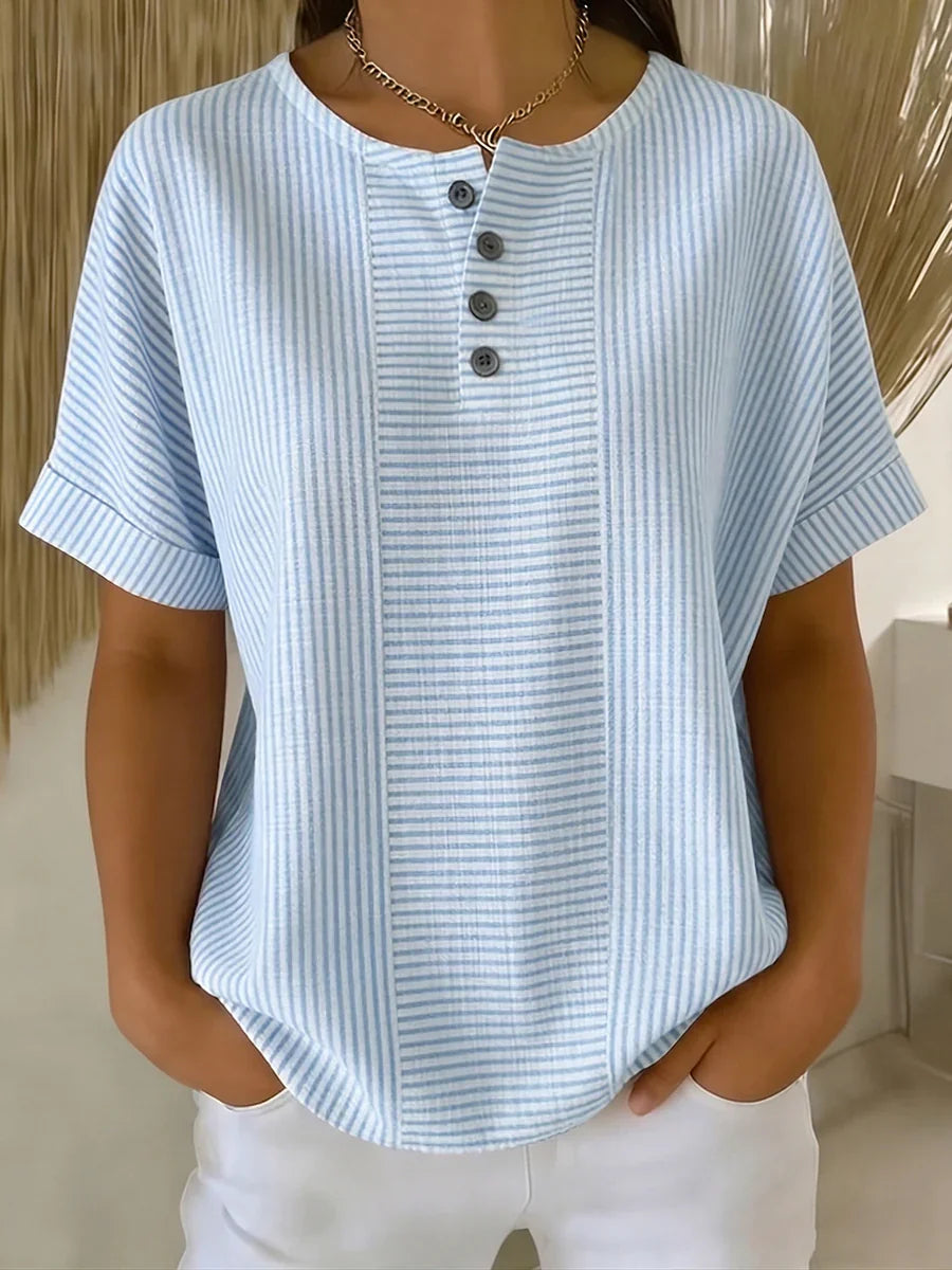 Artistic Cut Striped Cotton-linen Shirt Blouse
