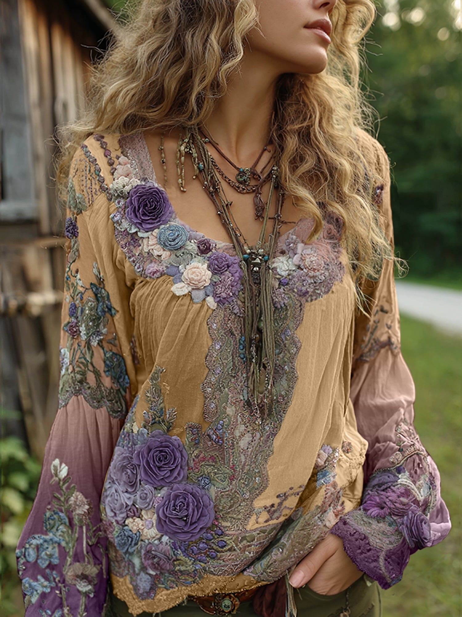 Vintage Purple Lavender And Floral Embroidered Linen Long Sleeve Shirt