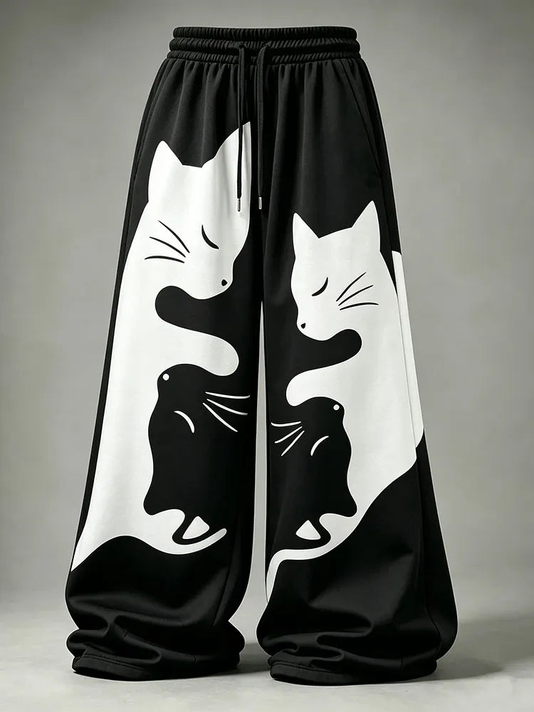 Women's Casual Retro Black Cat Print Trousers