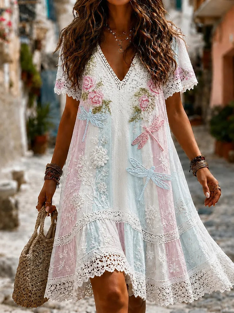 Women's Hippie Floral Dragonfly Art Print Color-blocked Casual Linen Blend Midi Dress