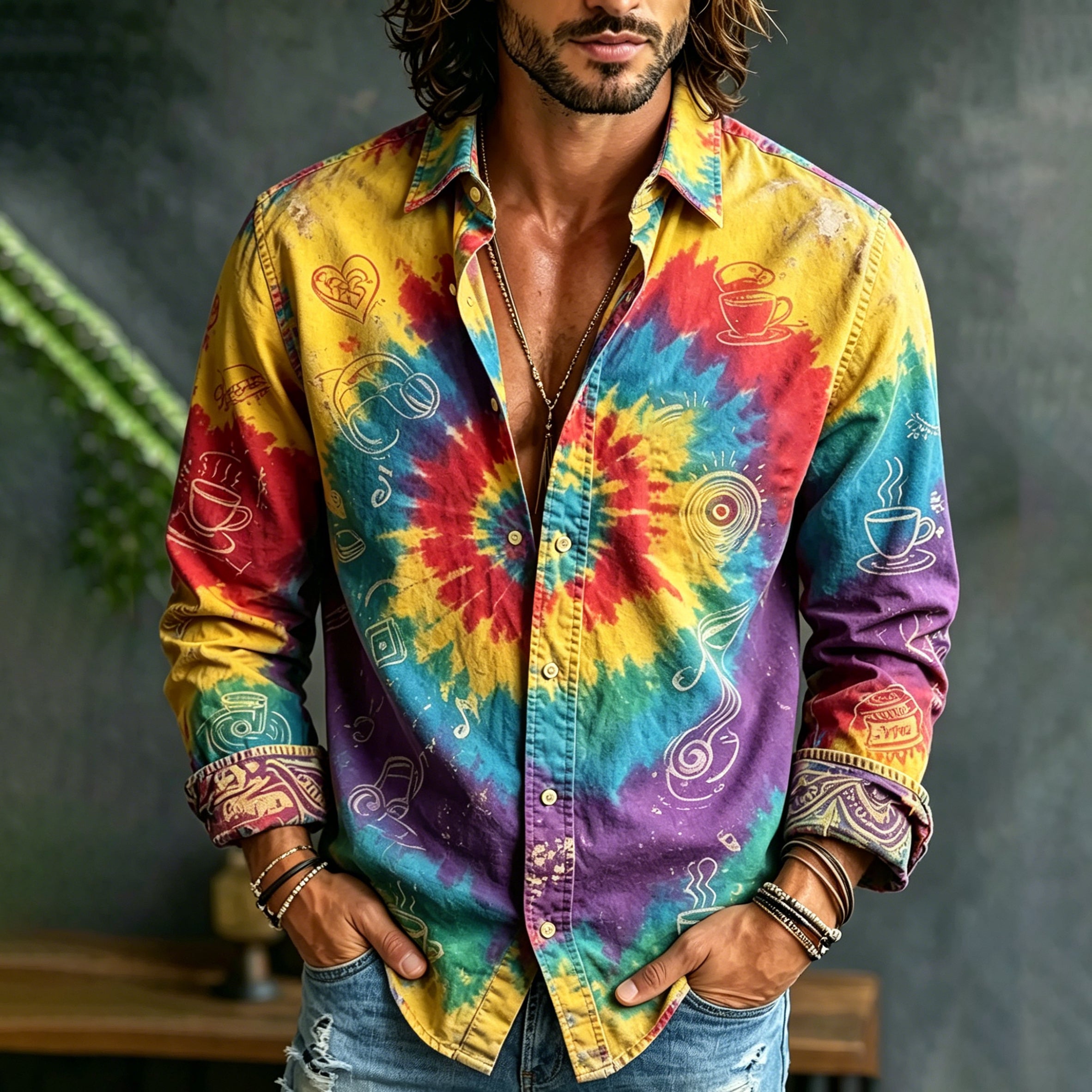 Men's Hippie Tie-dye Music Art Print Long Sleeve Shirt