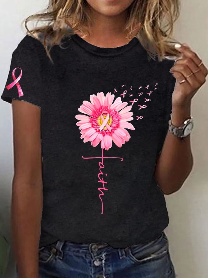 Women's Breast cancer Awareness Faith Pink Ribbon Printed T-shirt