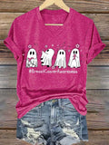 V-neck Retro Breast Cancer Awareness Ghost Pink Ribbon Print T-Shirt