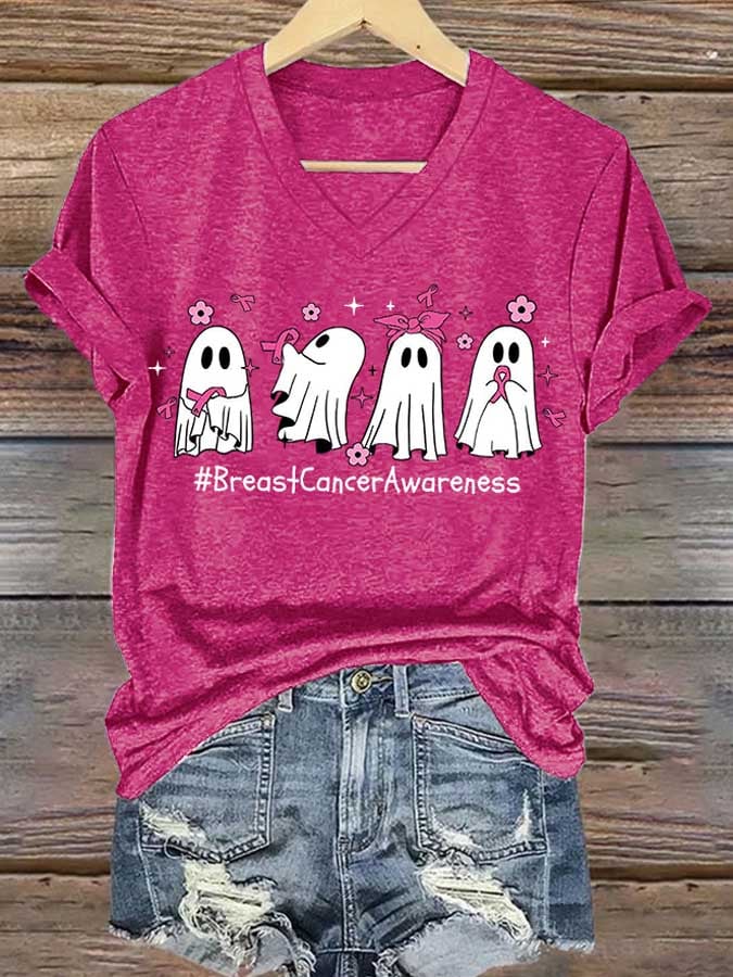 V-neck Retro Breast Cancer Awareness Ghost Pink Ribbon Print T-Shirt