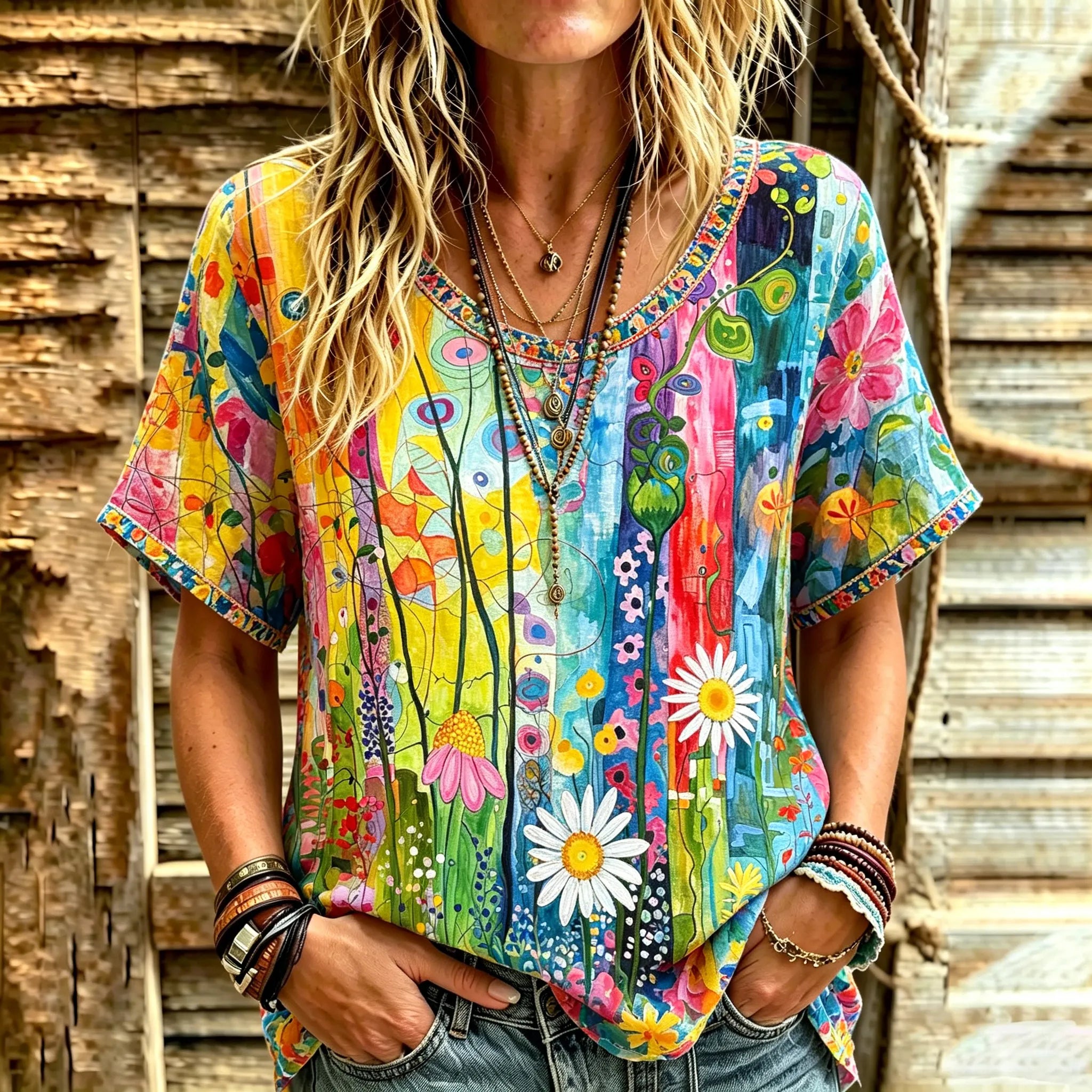 Women's Vintage Hippie Floral Graffiti Linen Blend Casual Tops