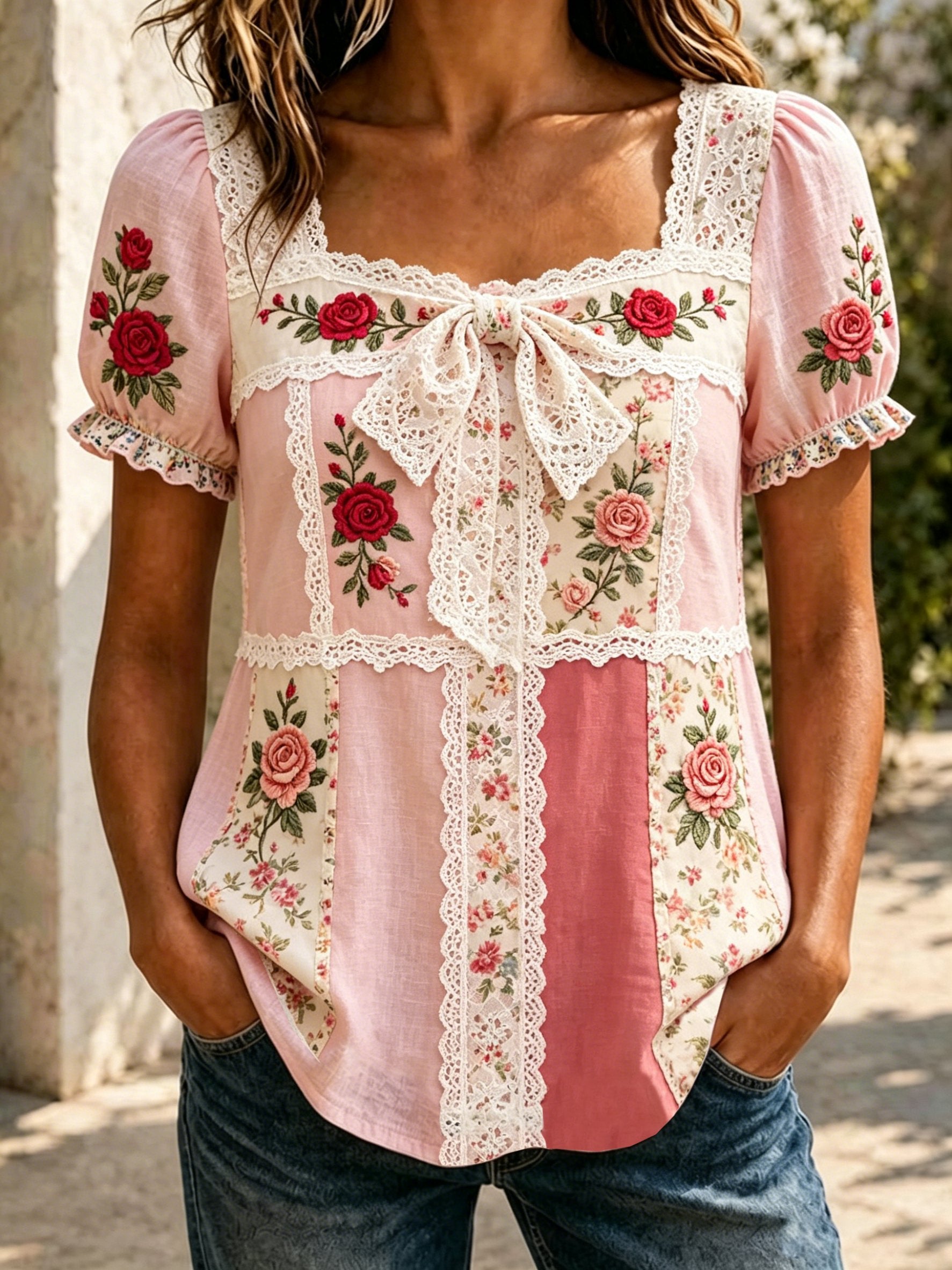 Women's Retro Retro Pink Flowers Art Printed Casual Bow Shirt