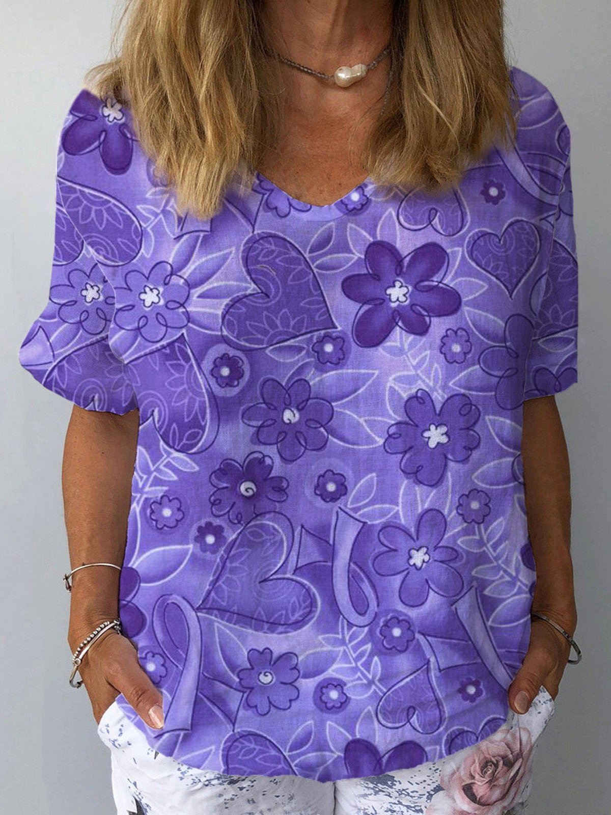 Women's Alzheimer's Awareness Purple Floral Print Cotton T-Shirt