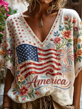 Women's American Flag Flower Short Sleeve T-shirt