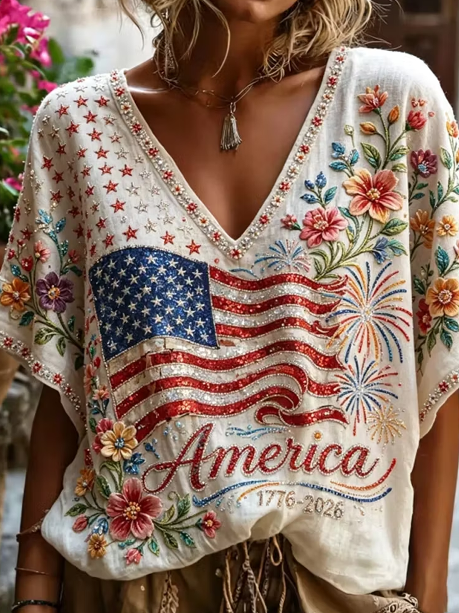 Women's American Flag Flower Short Sleeve T-shirt
