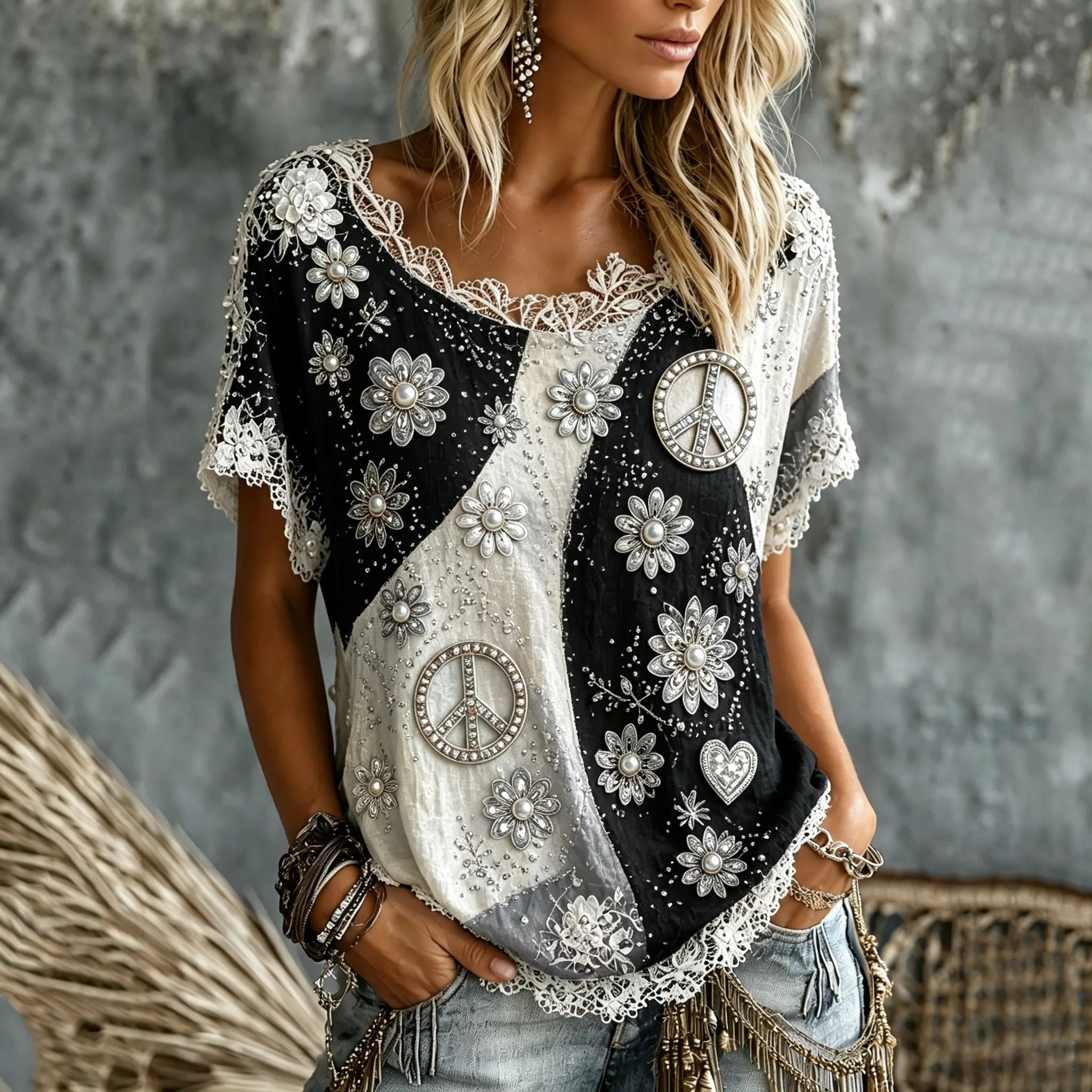Women's Pearl Floral Peace Sign Tie Dye Art Print Casual T-shirt