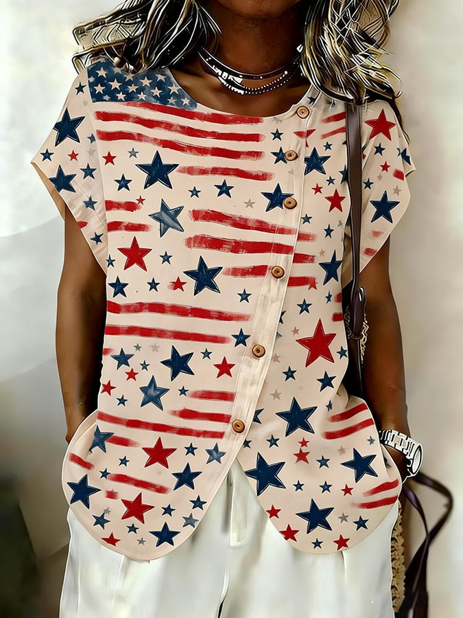Women's Casual Patriotic Loose Cotton-Linen Vest