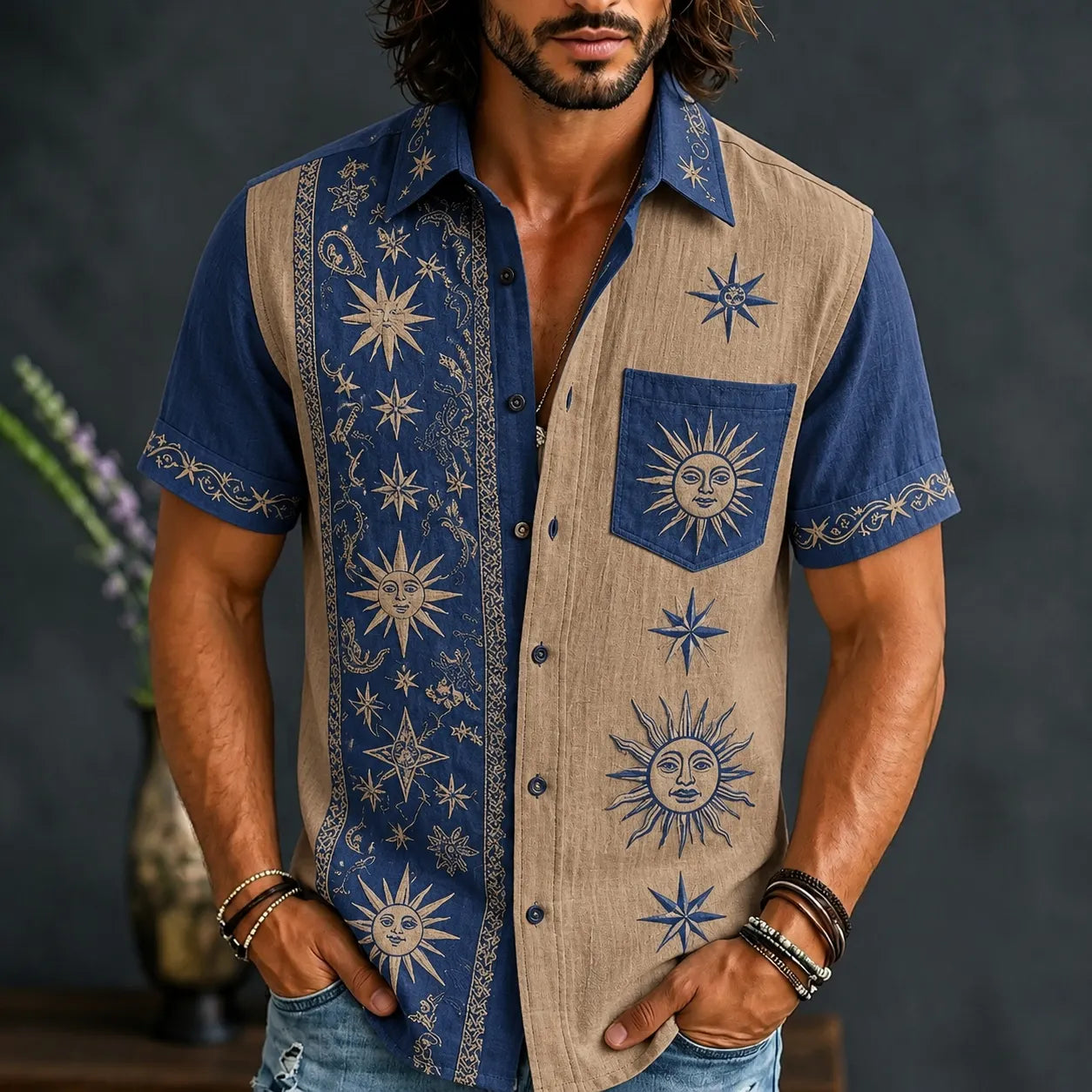 Men's Retro Sun And Star Printed Short Sleeve Shirt