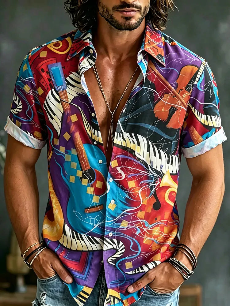 Men's Hippie Musical Instrument Art Print Linen Blend Short-sleeved Shirt