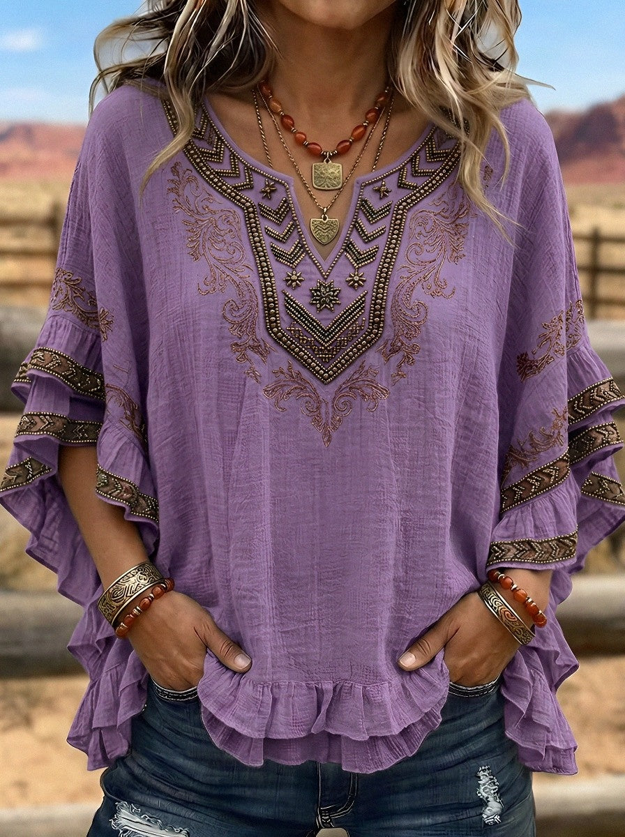 Women's Western Vintage Aztec Embroidered Ruffle Printed Top