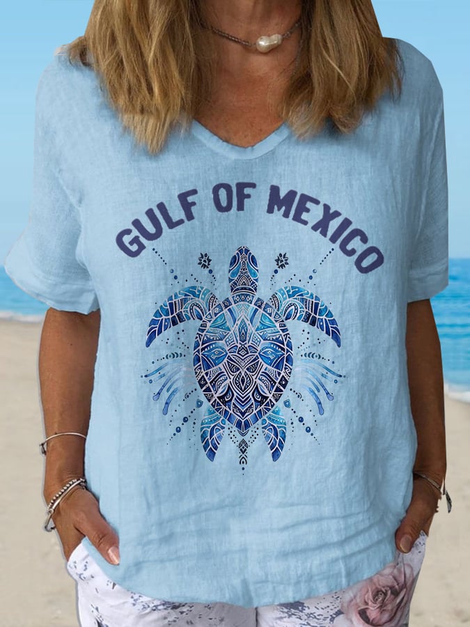 Women's Gulf Of Mexico Print Casual V-Neck Cotton and Linen Top