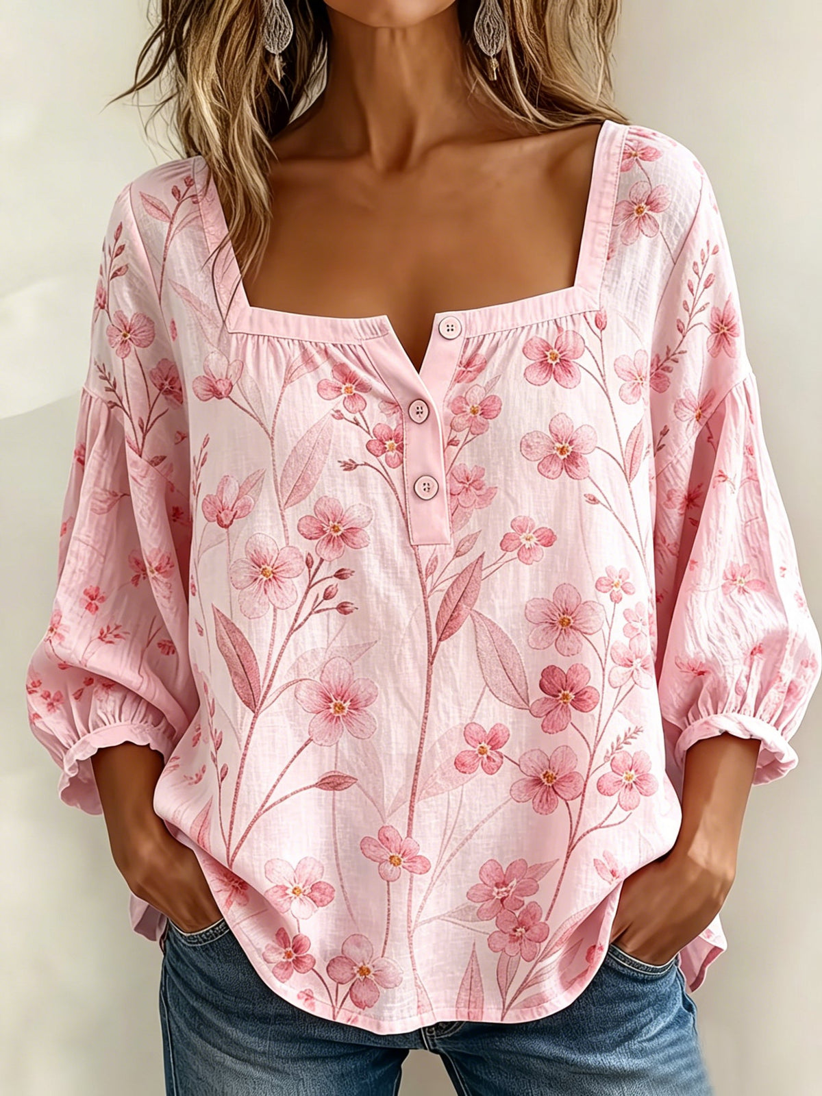 Women's Minimalist Elegant Floral Print Square-Neck Top