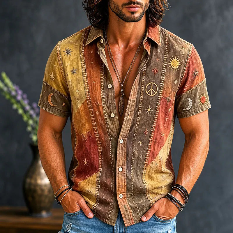 Men's Vintage Patchwork Peace Sign Sun Moon Star Art Print Cotton Linen Shirt