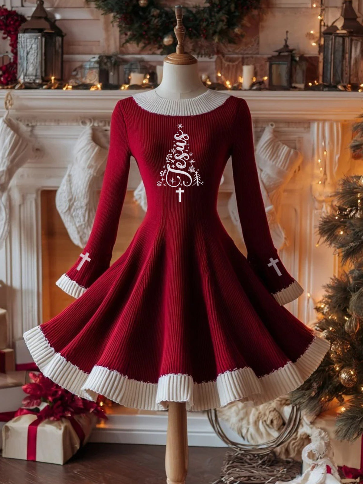 Women's Christmas Red and White Color Block Faith Print Knit Dress