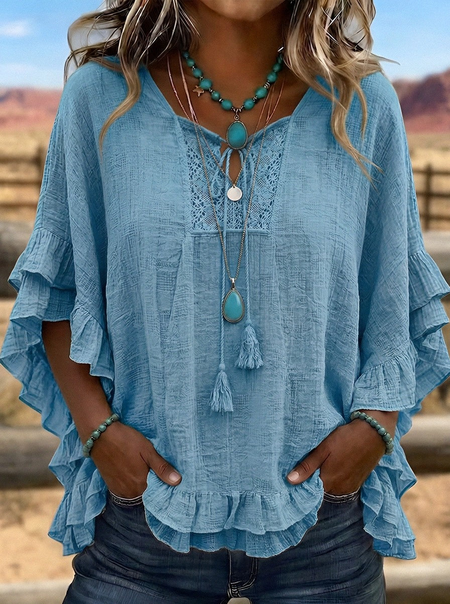 Women's Western Vintage Boho Lace Trim Ruffled Printed Top