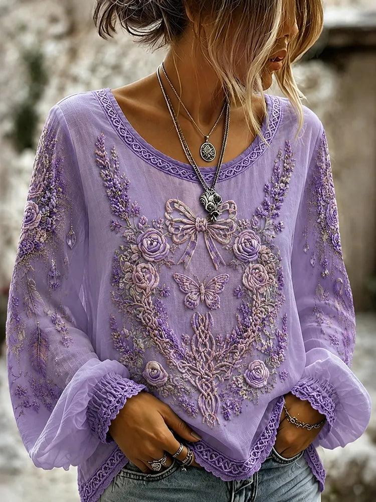 Women's Retro Alzheimer's Embroidered V Neck Casual T-shirt