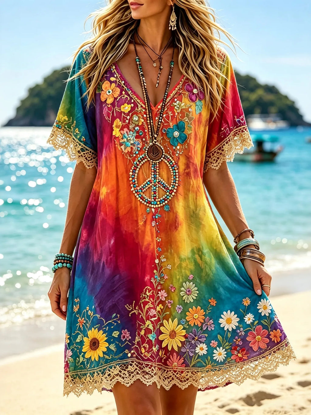 Women's Hippie Floral Print Beach Vacation V-neck Cotton Linen Dress