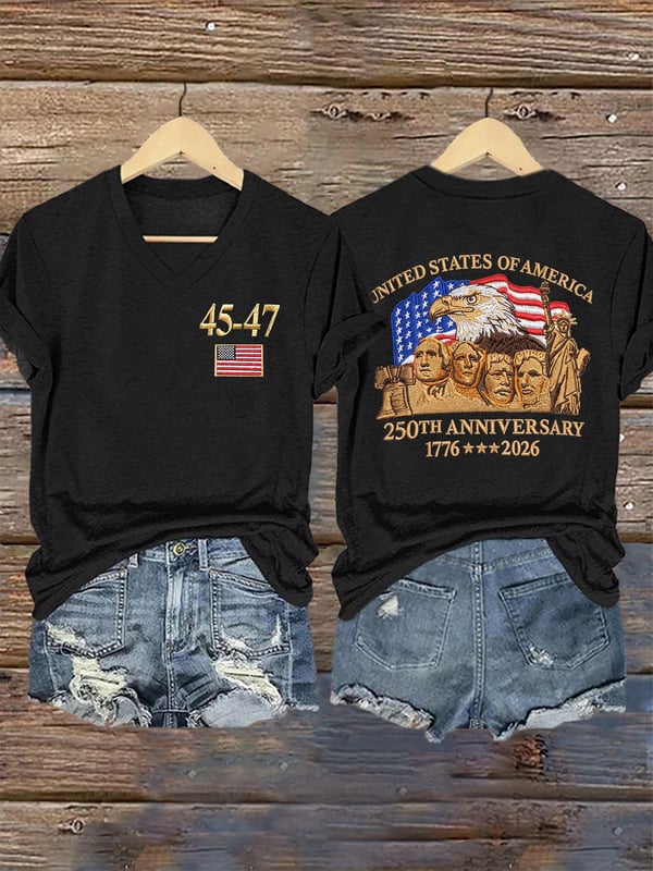 45-47 250th Anniversary 1776-2026 Pattern Print V Neck Casual T-Shirt