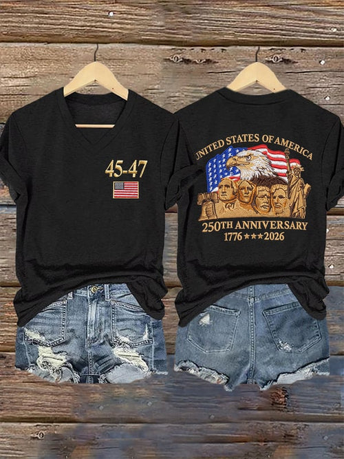 45-47 250th Anniversary 1776-2026 Pattern Print V Neck Casual T-Shirt