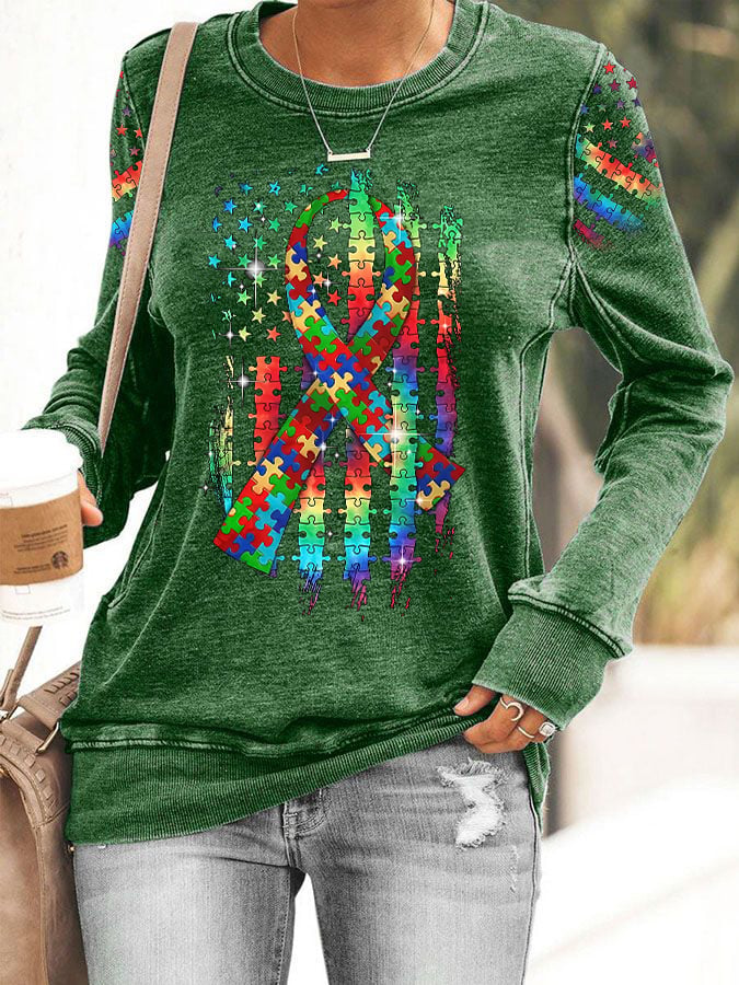 Women’s Retro Autism Awareness Colorful Puzzle Pieces Ribbon American Flag Print Sweatshirt