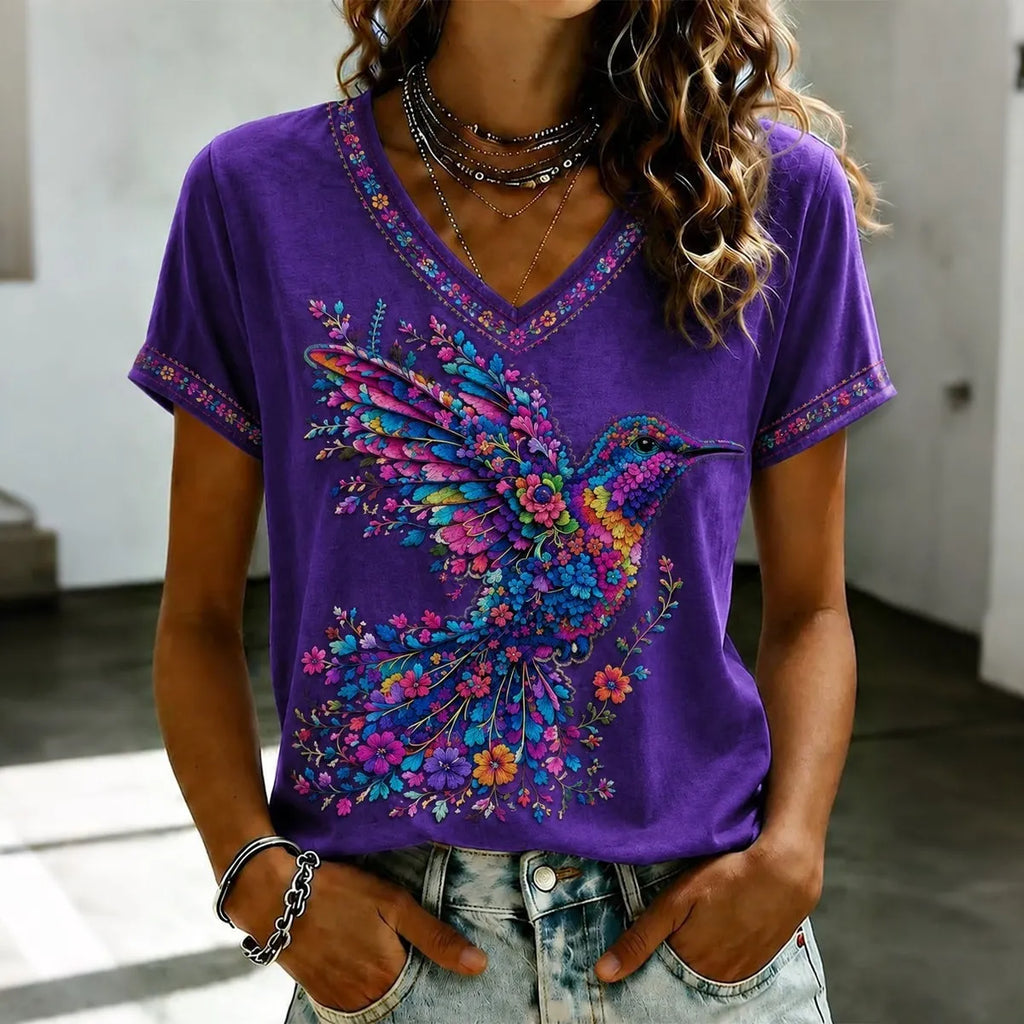 Women's Purple Floral And Bird Art Print V-neck T-shirt