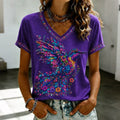 Women's Purple Floral And Bird Art Print V-neck T-shirt
