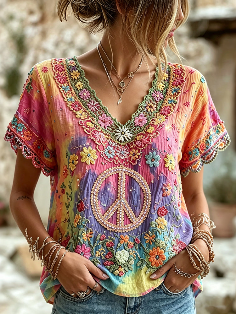 Women's Vintage Hippie Floral Art Linen Blend V Neck Short Sleeve Tops