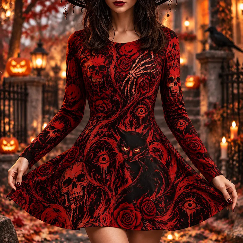 Women's Gothic Halloween Skull Cat Rose Print Long Sleeve Dress