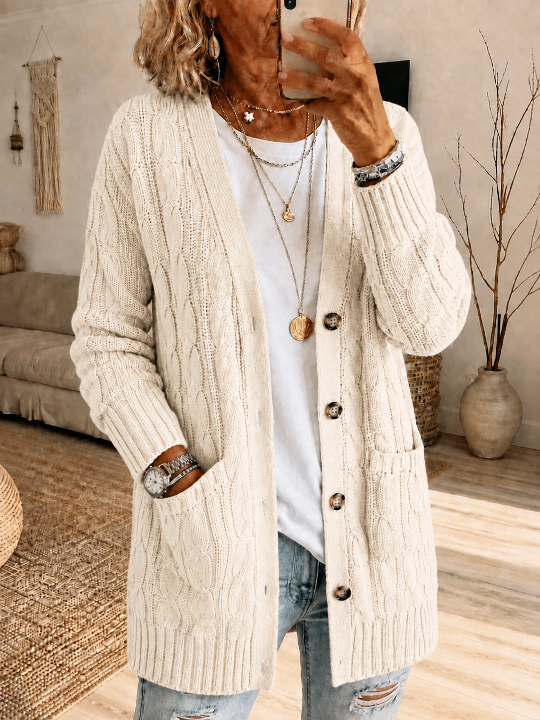 Women'S Pink Multi-Color Casual Cardigan Knitted Sweater Mid Length Top