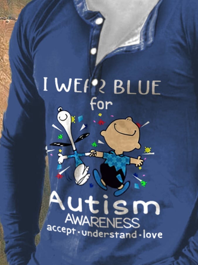 Men's Retro Autism Awareness I Wear Blue For Autism Print Button Long Sleeve Tops