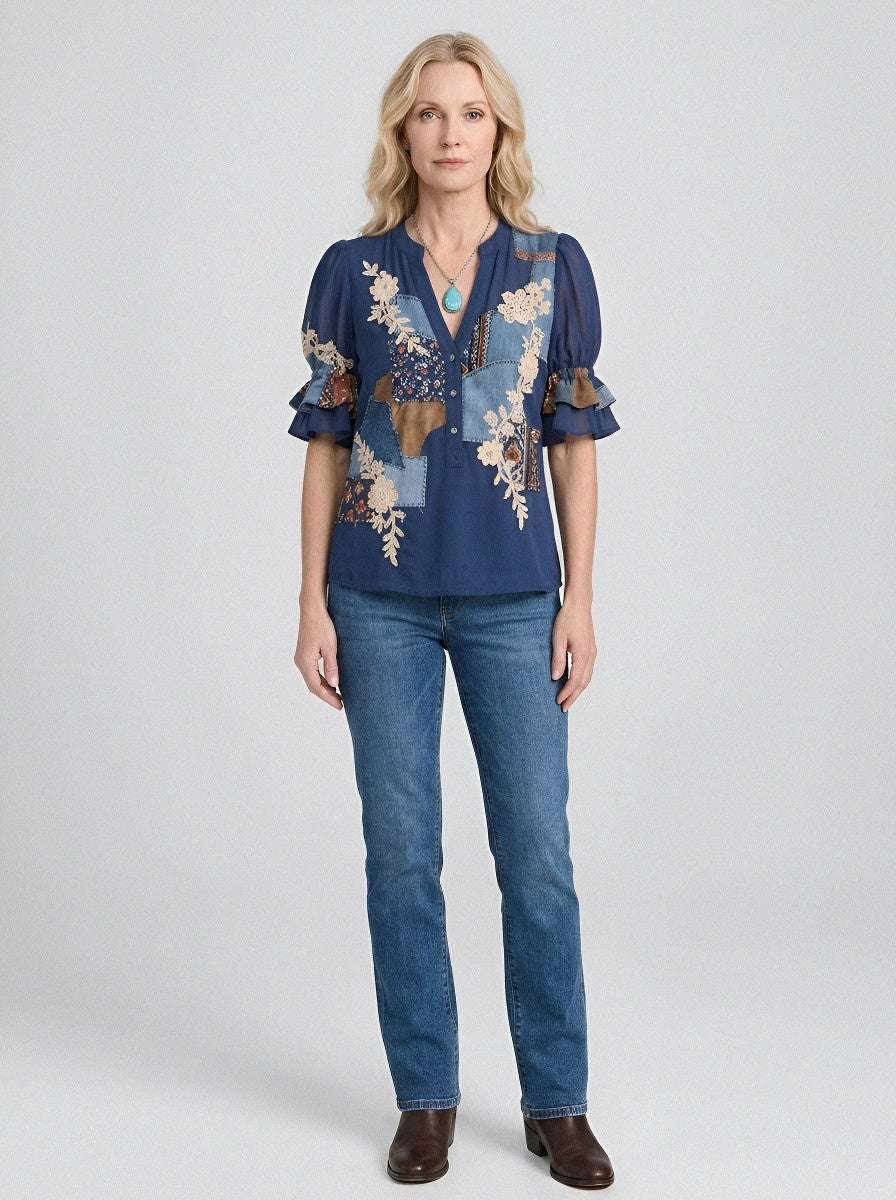 Women's Western Vintage Floral Patchwork Printed Top
