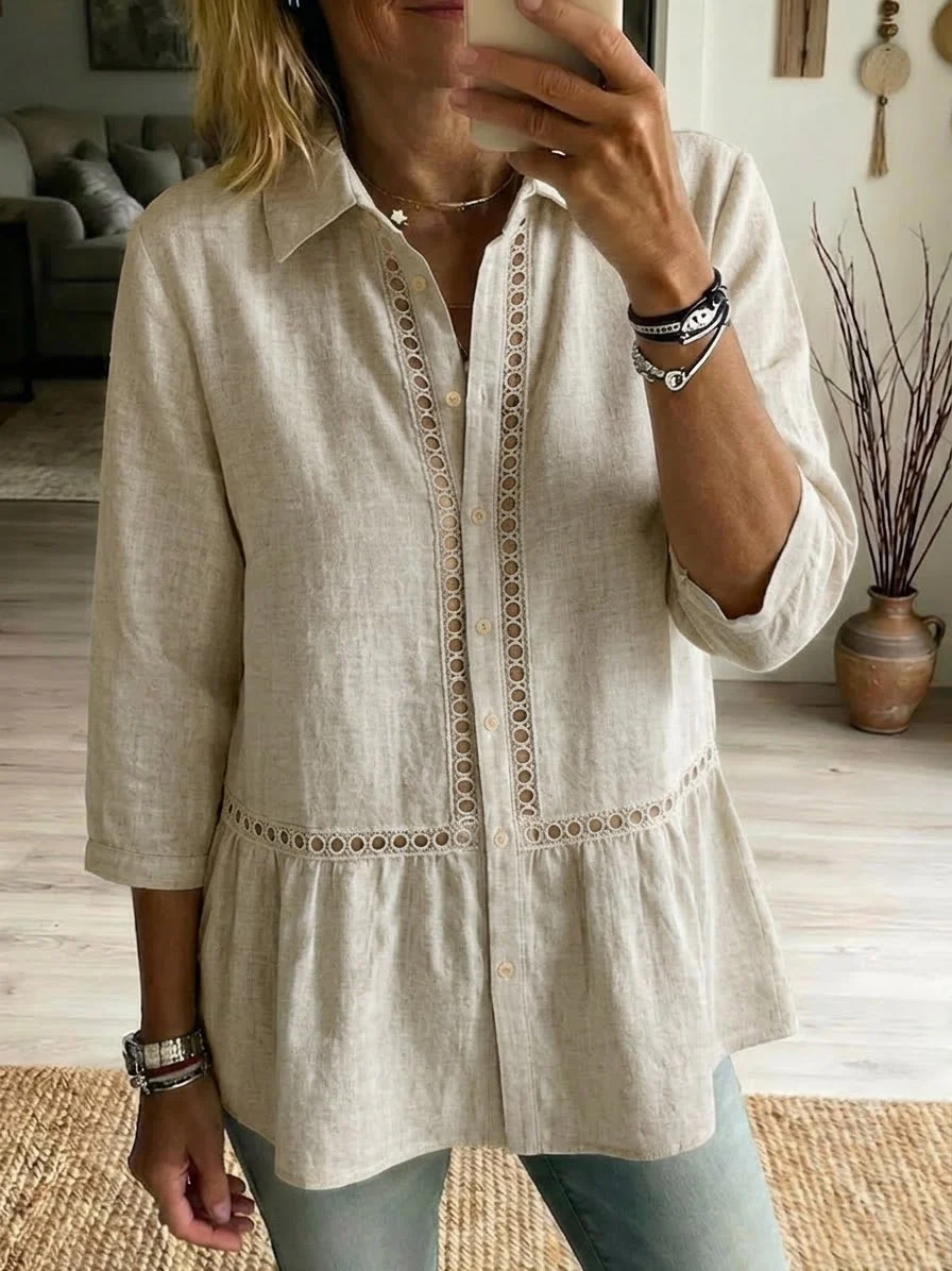 Women’s Casual Patchwork Openwork Webbing Linen And Cotton Shirt