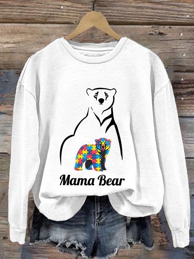 Retro Autism Awareness Mama Bear Print Sweatshirt